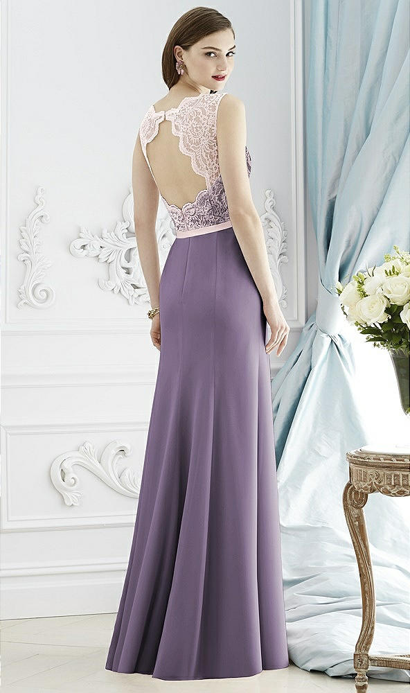 Back View - Lavender & Blush Lace Bodice Open-Back Trumpet Gown with Bow Belt