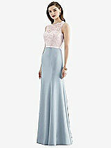 Front View Thumbnail - Mist & Blush Lace Bodice Open-Back Trumpet Gown with Bow Belt