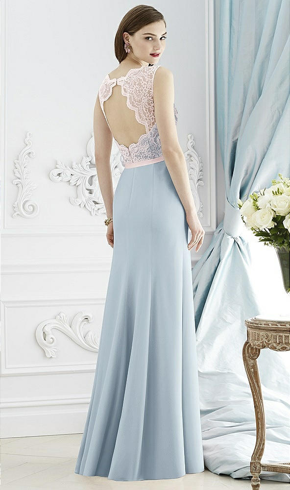 Back View - Mist & Blush Lace Bodice Open-Back Trumpet Gown with Bow Belt