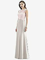 Front View Thumbnail - Oyster & Blush Lace Bodice Open-Back Trumpet Gown with Bow Belt
