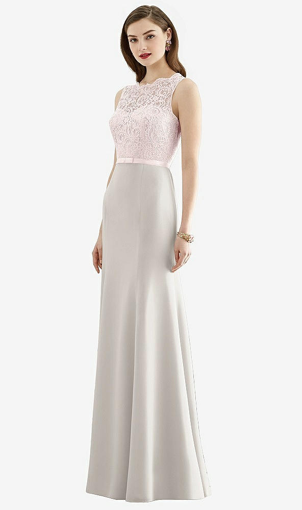 Front View - Oyster & Blush Lace Bodice Open-Back Trumpet Gown with Bow Belt