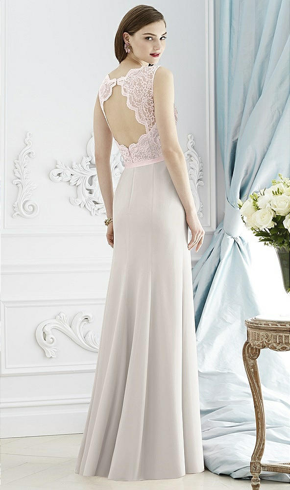Back View - Oyster & Blush Lace Bodice Open-Back Trumpet Gown with Bow Belt