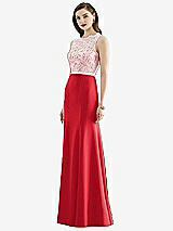 Front View Thumbnail - Parisian Red & Blush Lace Bodice Open-Back Trumpet Gown with Bow Belt
