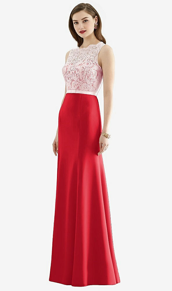 Front View - Parisian Red & Blush Lace Bodice Open-Back Trumpet Gown with Bow Belt