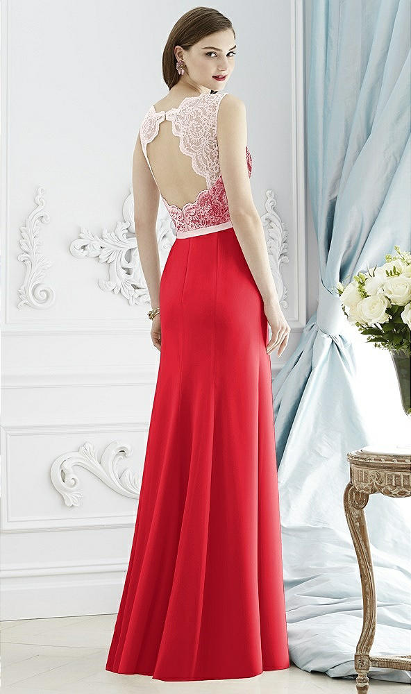 Back View - Parisian Red & Blush Lace Bodice Open-Back Trumpet Gown with Bow Belt