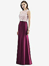 Front View Thumbnail - Ruby & Blush Lace Bodice Open-Back Trumpet Gown with Bow Belt