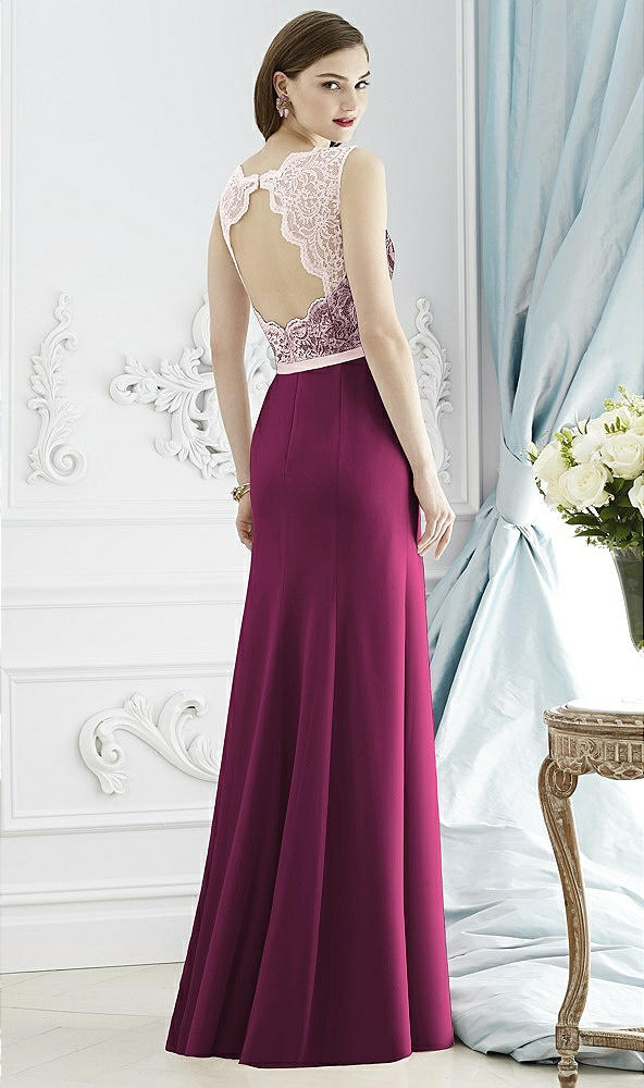 Back View - Ruby & Blush Lace Bodice Open-Back Trumpet Gown with Bow Belt