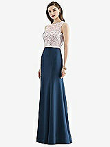 Front View Thumbnail - Sofia Blue & Blush Lace Bodice Open-Back Trumpet Gown with Bow Belt