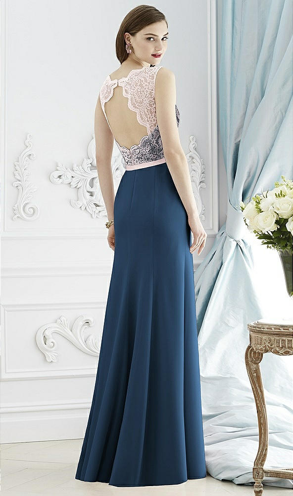 Back View - Sofia Blue & Blush Lace Bodice Open-Back Trumpet Gown with Bow Belt