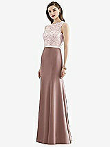Front View Thumbnail - Sienna & Blush Lace Bodice Open-Back Trumpet Gown with Bow Belt