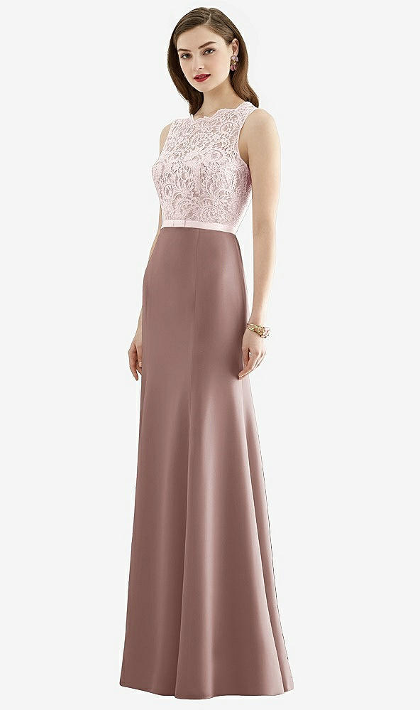 Front View - Sienna & Blush Lace Bodice Open-Back Trumpet Gown with Bow Belt