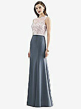Front View Thumbnail - Silverstone & Blush Lace Bodice Open-Back Trumpet Gown with Bow Belt