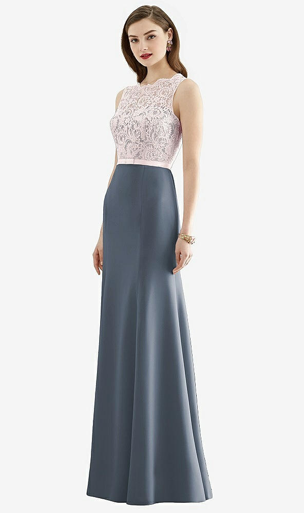 Front View - Silverstone & Blush Lace Bodice Open-Back Trumpet Gown with Bow Belt