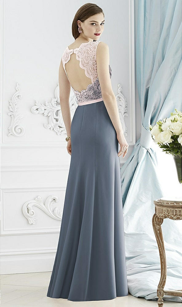 Back View - Silverstone & Blush Lace Bodice Open-Back Trumpet Gown with Bow Belt