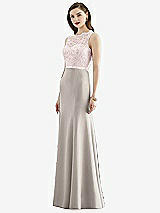 Front View Thumbnail - Taupe & Blush Lace Bodice Open-Back Trumpet Gown with Bow Belt