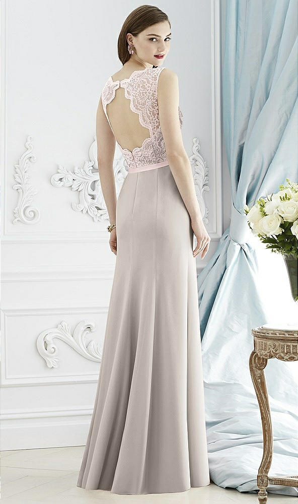 Back View - Taupe & Blush Lace Bodice Open-Back Trumpet Gown with Bow Belt