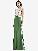 Front View Thumbnail - Vineyard Green & Blush Lace Bodice Open-Back Trumpet Gown with Bow Belt