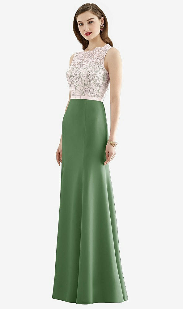 Front View - Vineyard Green & Blush Lace Bodice Open-Back Trumpet Gown with Bow Belt