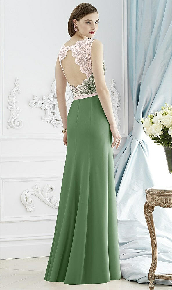 Back View - Vineyard Green & Blush Lace Bodice Open-Back Trumpet Gown with Bow Belt