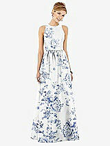 Front View Thumbnail - Cottage Rose Larkspur Sleeveless Closed-Back Floral Satin Maxi Dress with Pockets