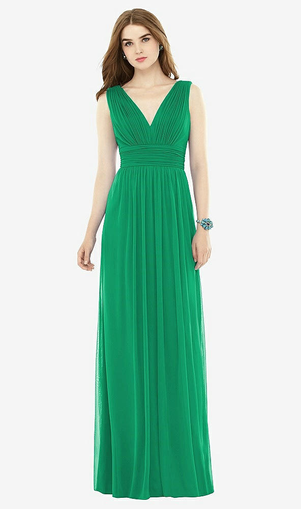 Front View - Pantone Emerald Natural Waist Sleeveless Shirred Skirt Dress