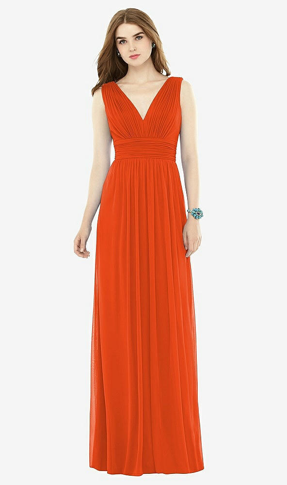 Front View - Tangerine Tango Natural Waist Sleeveless Shirred Skirt Dress