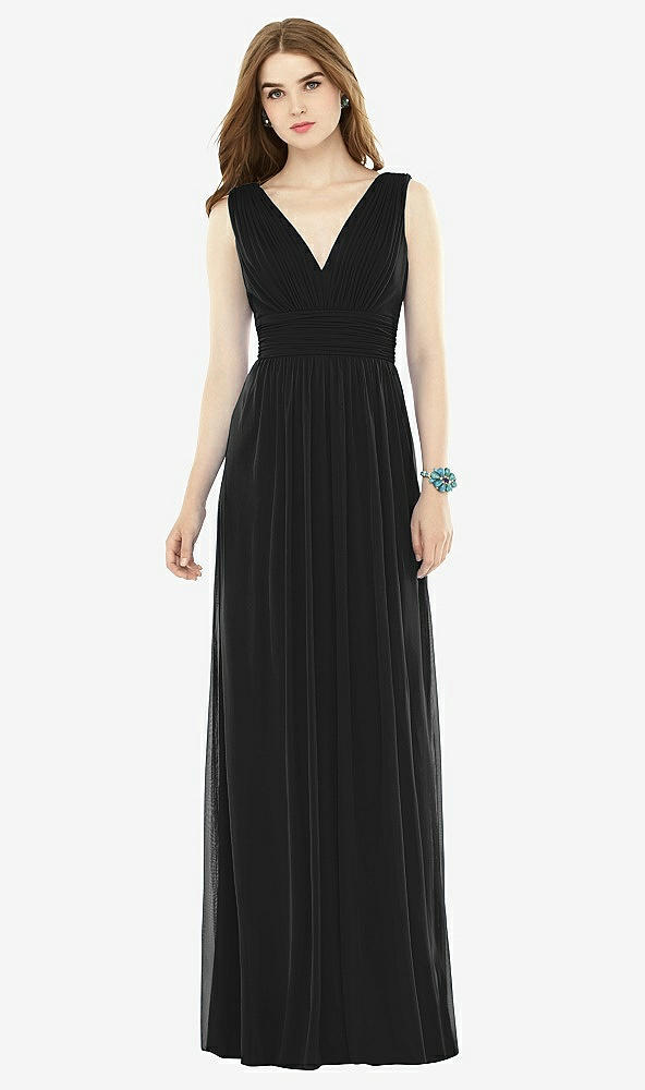 Front View - Black Natural Waist Sleeveless Shirred Skirt Dress