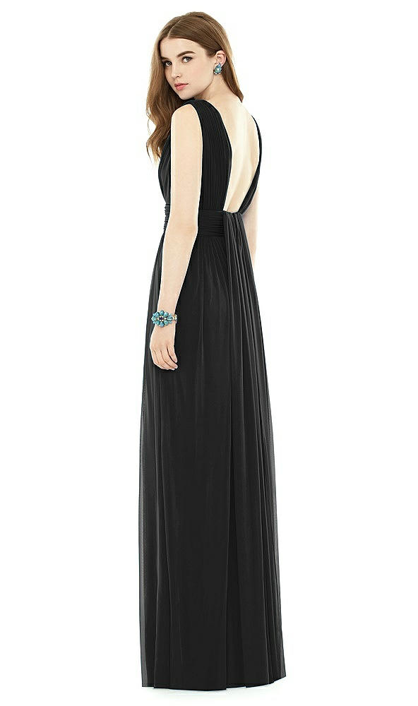 Back View - Black Natural Waist Sleeveless Shirred Skirt Dress