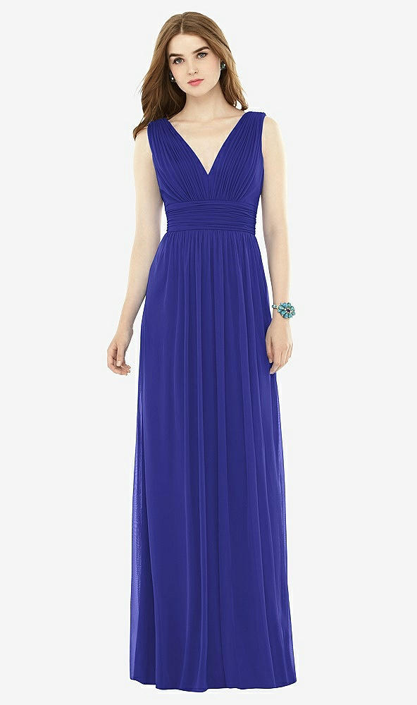 Front View - Electric Blue Natural Waist Sleeveless Shirred Skirt Dress