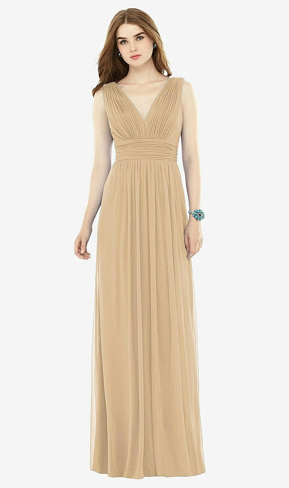 Front View - Golden Natural Waist Sleeveless Shirred Skirt Dress