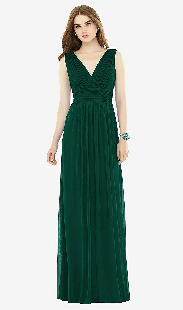 Front View - Hunter Green Natural Waist Sleeveless Shirred Skirt Dress