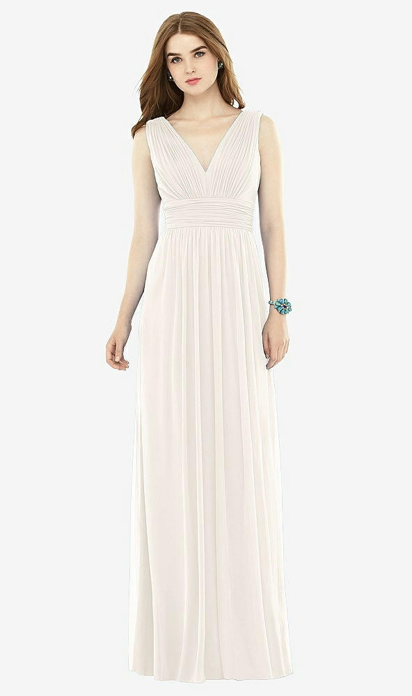 Front View - Ivory Natural Waist Sleeveless Shirred Skirt Dress
