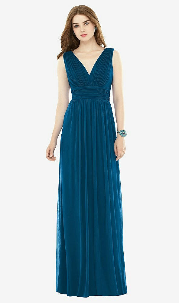 Front View - Ocean Blue Natural Waist Sleeveless Shirred Skirt Dress
