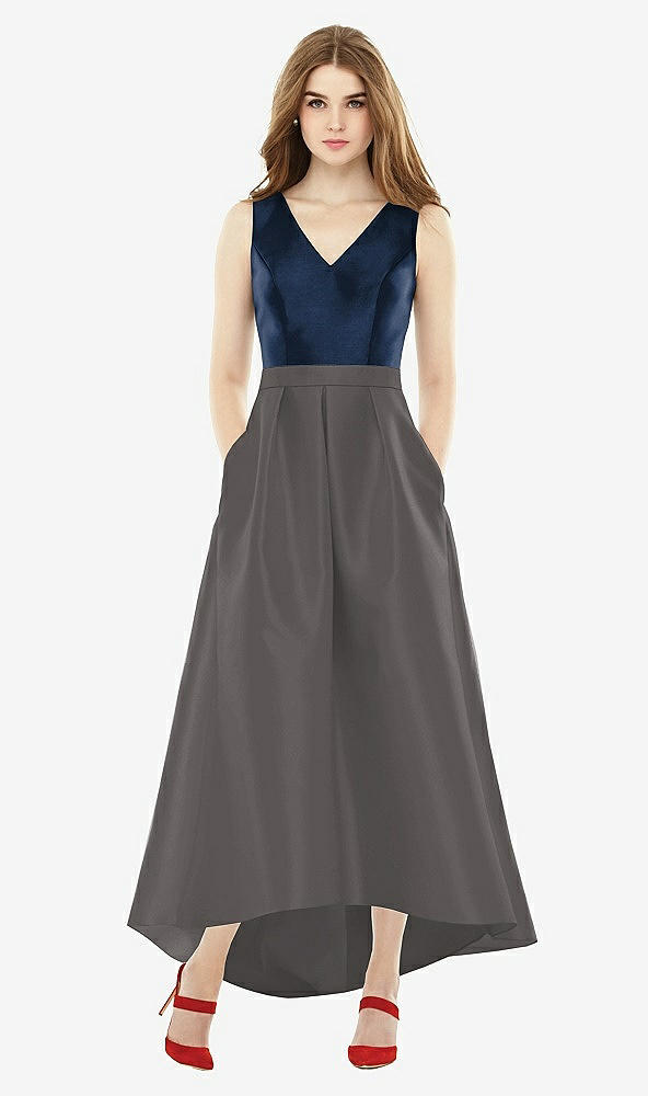 Front View - Caviar Gray & Midnight Navy Sleeveless Pleated Skirt High Low Dress with Pockets