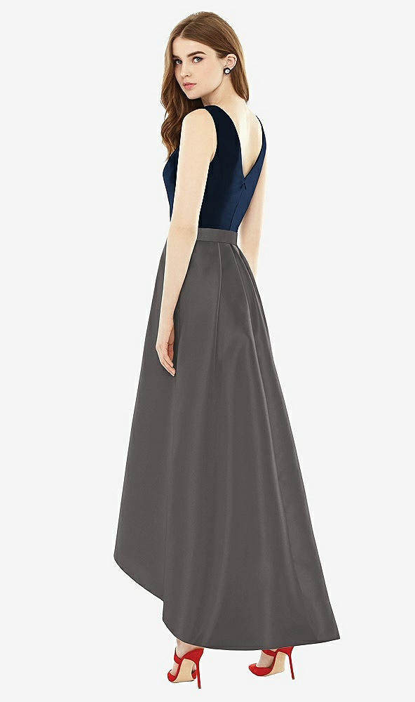 Back View - Caviar Gray & Midnight Navy Sleeveless Pleated Skirt High Low Dress with Pockets