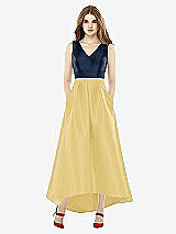 Front View Thumbnail - Maize & Midnight Navy Sleeveless Pleated Skirt High Low Dress with Pockets