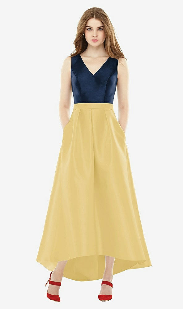 Front View - Maize & Midnight Navy Sleeveless Pleated Skirt High Low Dress with Pockets