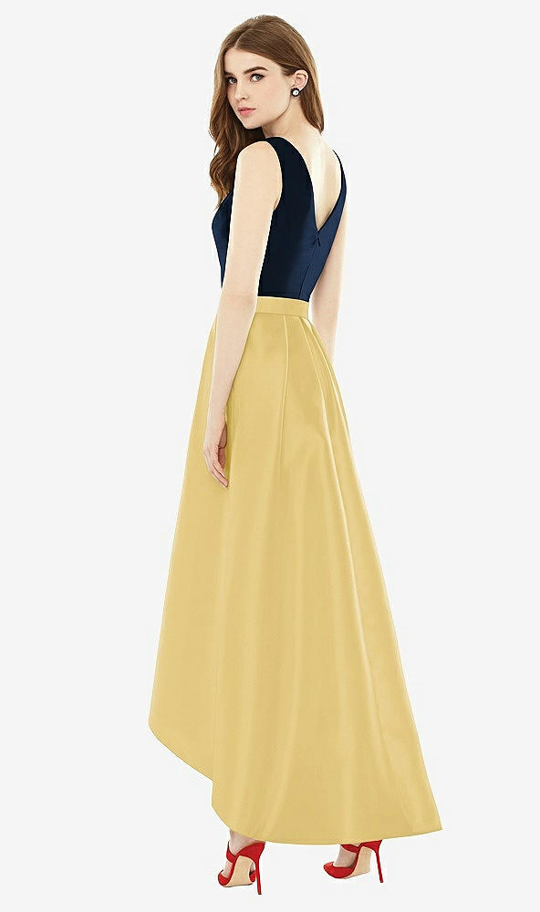 Back View - Maize & Midnight Navy Sleeveless Pleated Skirt High Low Dress with Pockets