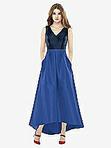 Front View Thumbnail - Classic Blue & Midnight Navy Sleeveless Pleated Skirt High Low Dress with Pockets