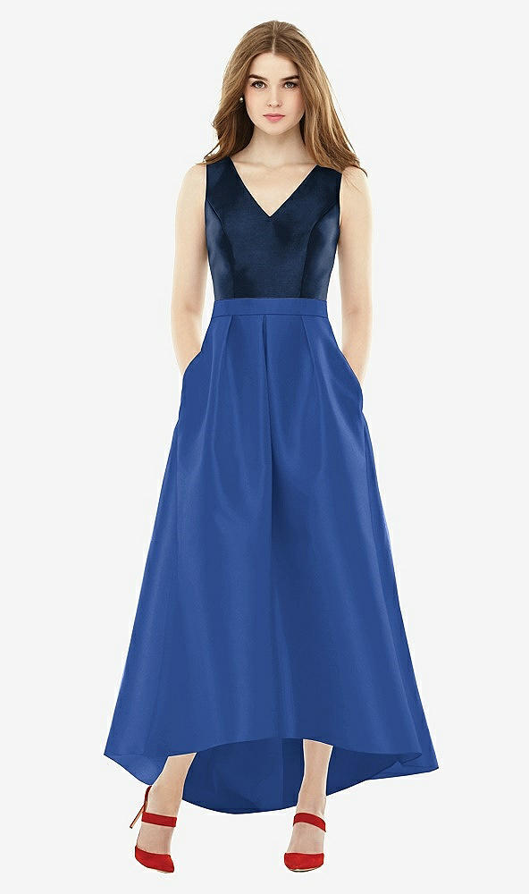 Front View - Classic Blue & Midnight Navy Sleeveless Pleated Skirt High Low Dress with Pockets