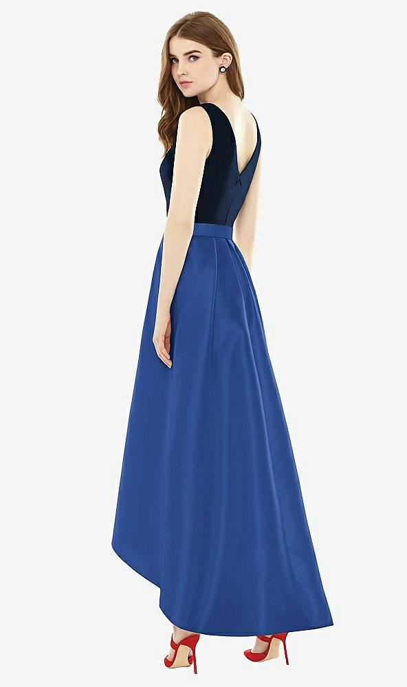 Back View - Classic Blue & Midnight Navy Sleeveless Pleated Skirt High Low Dress with Pockets