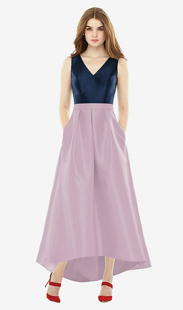 Front View - Suede Rose & Midnight Navy Sleeveless Pleated Skirt High Low Dress with Pockets