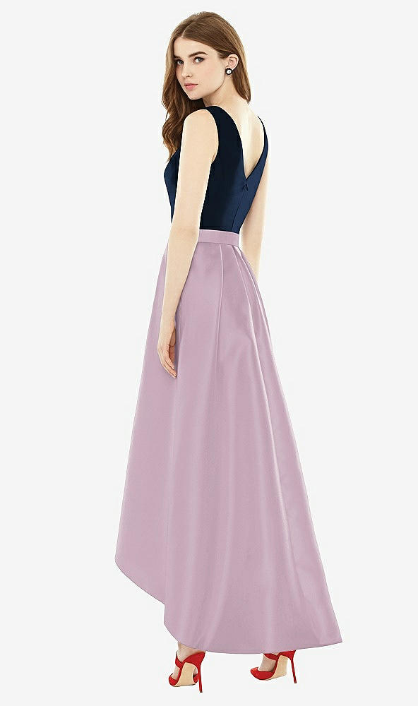 Back View - Suede Rose & Midnight Navy Sleeveless Pleated Skirt High Low Dress with Pockets