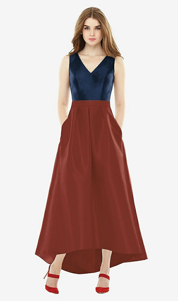 Front View - Auburn Moon & Midnight Navy Sleeveless Pleated Skirt High Low Dress with Pockets
