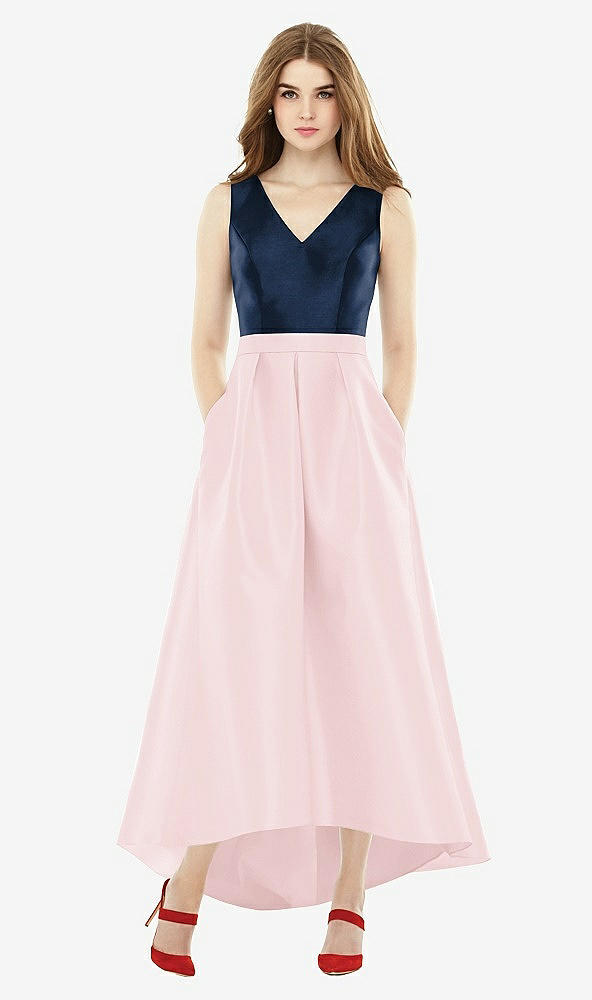 Front View - Ballet Pink & Midnight Navy Sleeveless Pleated Skirt High Low Dress with Pockets