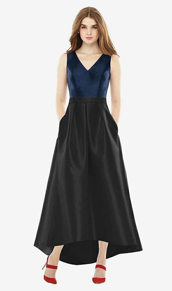 Front View - Black & Midnight Navy Sleeveless Pleated Skirt High Low Dress with Pockets