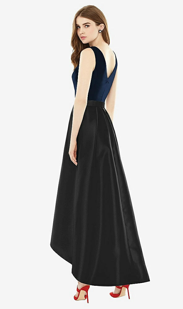 Back View - Black & Midnight Navy Sleeveless Pleated Skirt High Low Dress with Pockets