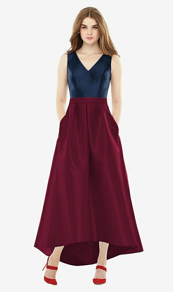 Front View - Cabernet & Midnight Navy Sleeveless Pleated Skirt High Low Dress with Pockets