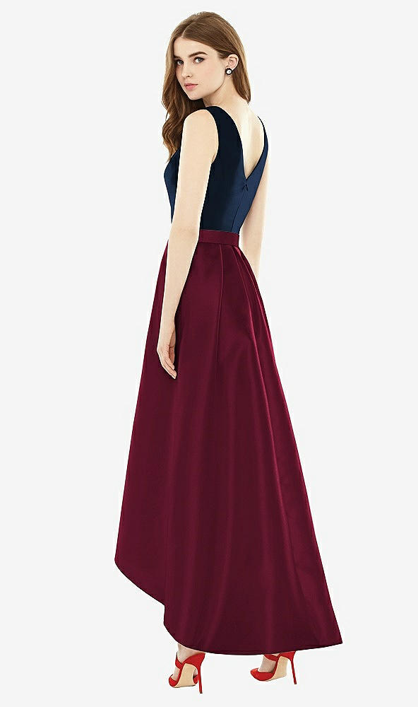 Back View - Cabernet & Midnight Navy Sleeveless Pleated Skirt High Low Dress with Pockets