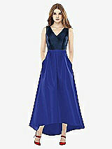 Front View Thumbnail - Cobalt Blue & Midnight Navy Sleeveless Pleated Skirt High Low Dress with Pockets